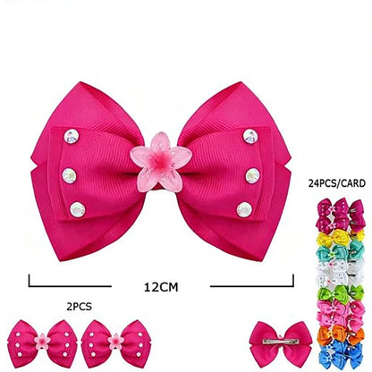 Girls Flower Hair Bow Clips Bulk Pack (24 Pcs) – 12cm Grosgrain Ribbon Bows with Rhinestones & Alligator Clips (HCD-25762H)