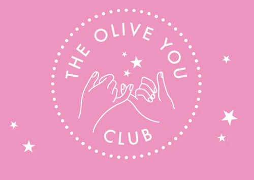 Pink circular logo for Give the OYC Membership featuring two hands linking pinkies surrounded by stars