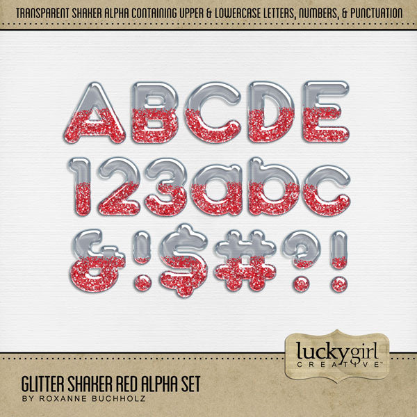 Design the cutest digital scrapbooking page titles with this transparent glitter-filled glass ornament alpha set by Lucky Girl Creative digital art. Perfect for Christmas, birthday parties, celebrations, and fun holiday pages! Remember: the glitter is easily colorized by adjusting the hue. This alpha set consists of a full set of uppercase letters A-Z, lowercase letters a-z, numbers 0-9, and most punctuation marks. This digital scrapbooking alpha set is available as individual embellishments only.