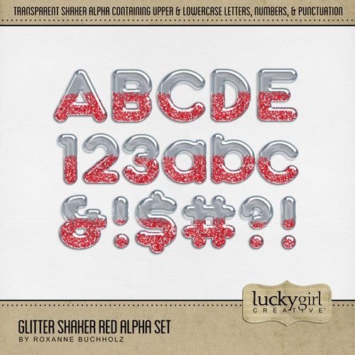 Design the cutest digital scrapbooking page titles with this transparent glitter-filled glass ornament alpha set by Lucky Girl Creative digital art. Perfect for Christmas, birthday parties, celebrations, and fun holiday pages! Remember: the glitter is easily colorized by adjusting the hue. This alpha set consists of a full set of uppercase letters A-Z, lowercase letters a-z, numbers 0-9, and most punctuation marks. This digital scrapbooking alpha set is available as individual embellishments only.