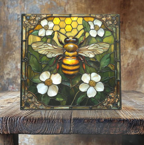Golden Bee and White Blossoms Porcelain Tile – Stained Glass-Inspired Art