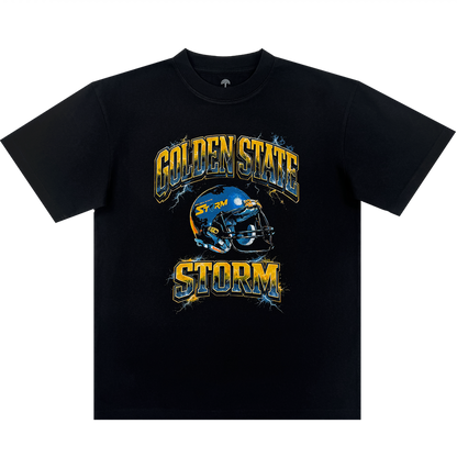 The Golden State Storm Y&B Tee by Oaklandish is a men's black heavy-weight cotton t-shirt with a blue football helmet, “STORM”, yellow-and-blue “GOLDEN STATE STORM” text, and a bold lightning-effect background in a classic fit.
