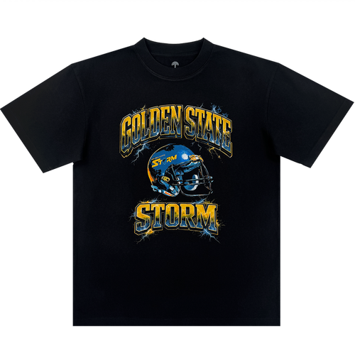 The Golden State Storm Y&B Tee by Oaklandish is a men's black heavy-weight cotton t-shirt with a blue football helmet, “STORM”, yellow-and-blue “GOLDEN STATE STORM” text, and a bold lightning-effect background in a classic fit.