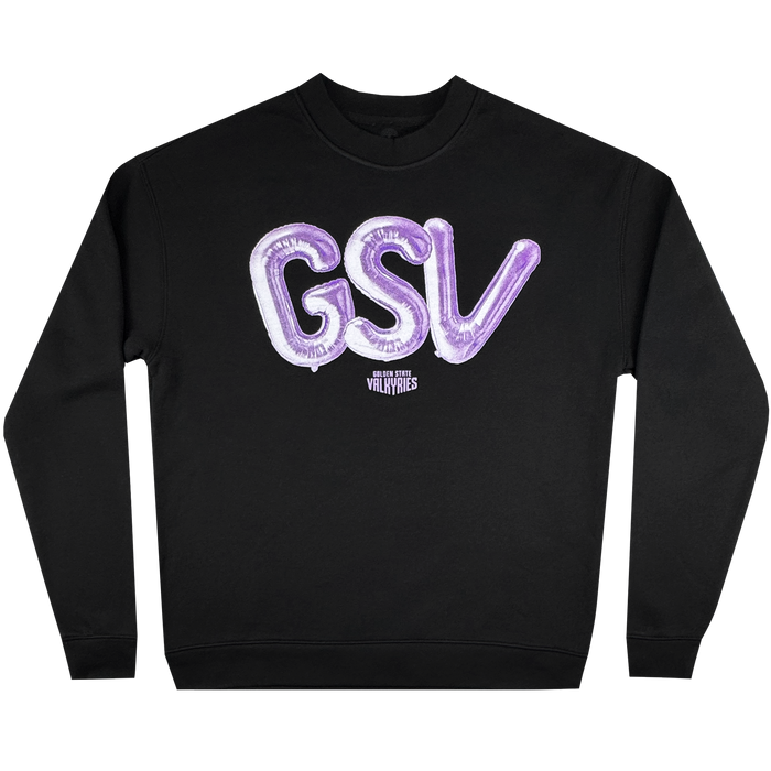 The GSV Golden State Valkyries Balloons Crew is a black crewneck sweatshirt with bold, shiny purple “GSV” balloon letters and “HOUSE OF VALKYRIES” in white below—officially licensed and perfect for Valkyries fans.
