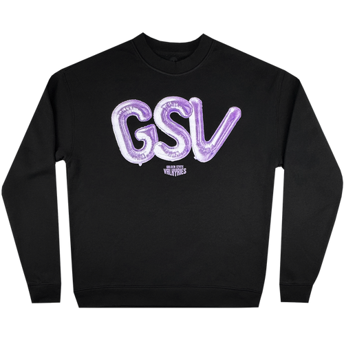 The GSV Golden State Valkyries Balloons Crew is a black crewneck sweatshirt with bold, shiny purple “GSV” balloon letters and “HOUSE OF VALKYRIES” in white below—officially licensed and perfect for Valkyries fans.