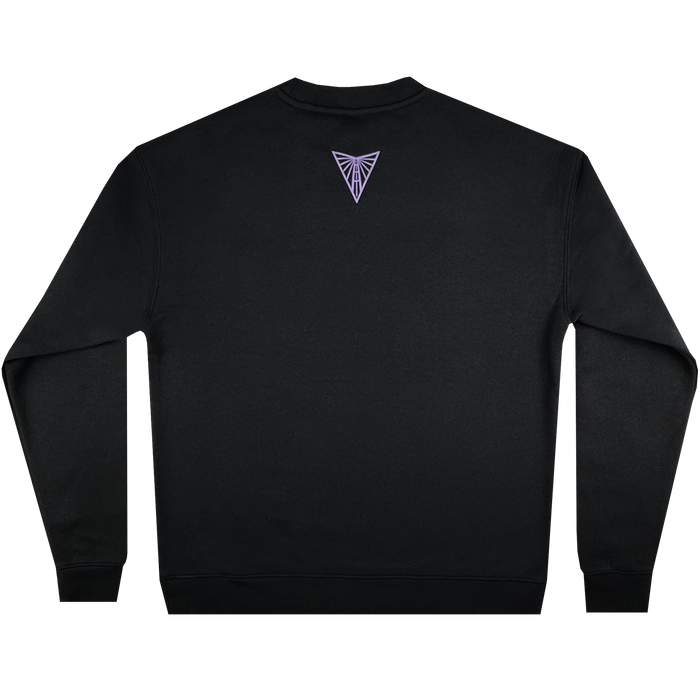 The Golden State Valkyries Balloons Crew by GSV is a black crewneck sweatshirt, shown laid flat from the back, with a small purple triangular logo below the neckline and no other visible designs or text.