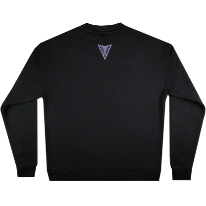 The Golden State Valkyries Balloons Crew by GSV is a black crewneck sweatshirt, shown laid flat from the back, with a small purple triangular logo below the neckline and no other visible designs or text.