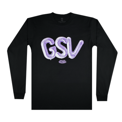 The Golden State Valkyries Balloons LS Tee by GSV is a black cotton long-sleeve featuring large, shiny purple “GSV” balloon letters on the chest and small white “Guilty Simpson & Vally Vanes” text below, shown flat on a white background.