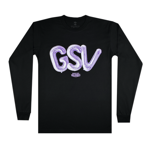 The Golden State Valkyries Balloons LS Tee by GSV is a black cotton long-sleeve featuring large, shiny purple “GSV” balloon letters on the chest and small white “Guilty Simpson & Vally Vanes” text below, shown flat on a white background.