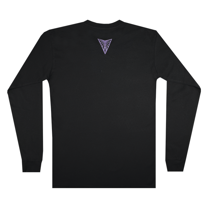 The GSV Golden State Valkyries Balloons LS Tee is a black cotton long-sleeve shirt shown from the back, with a small geometric purple and white triangle logo below the collar and no other designs or text.
