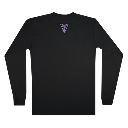 The GSV Golden State Valkyries Balloons LS Tee is a black cotton long-sleeve shirt shown from the back, with a small geometric purple and white triangle logo below the collar and no other designs or text.