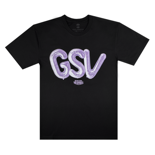 The Golden State Valkyries Balloons Tee by GSV is a black cotton shirt with large, shiny purple balloon-style "GSV" letters across the chest and "Golden State Valkyries" in small white text below, shown laid flat on a white background.
