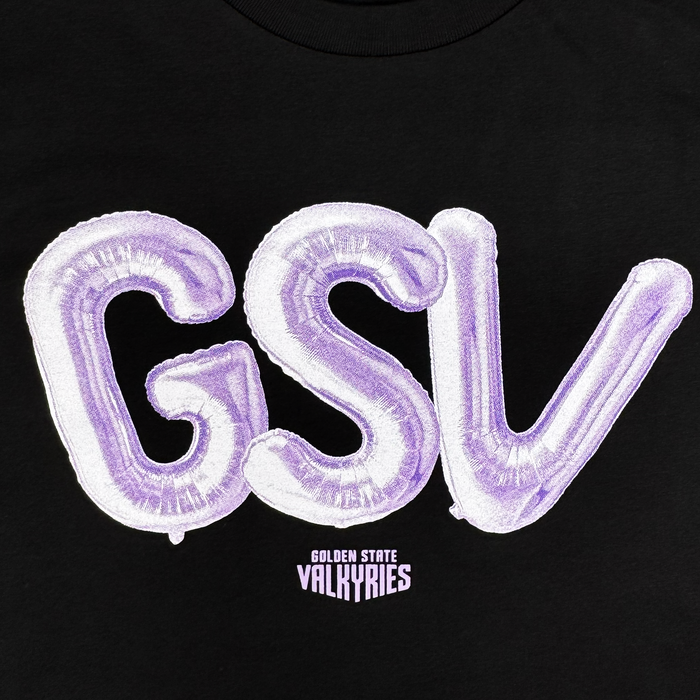 The Golden State Valkyries Balloons Tee by GSV features large, shiny purple "GSV" balloon letters on black, with “Golden State Valkyries” printed below—“Valkyries” in bold—making it a standout cotton t-shirt design.