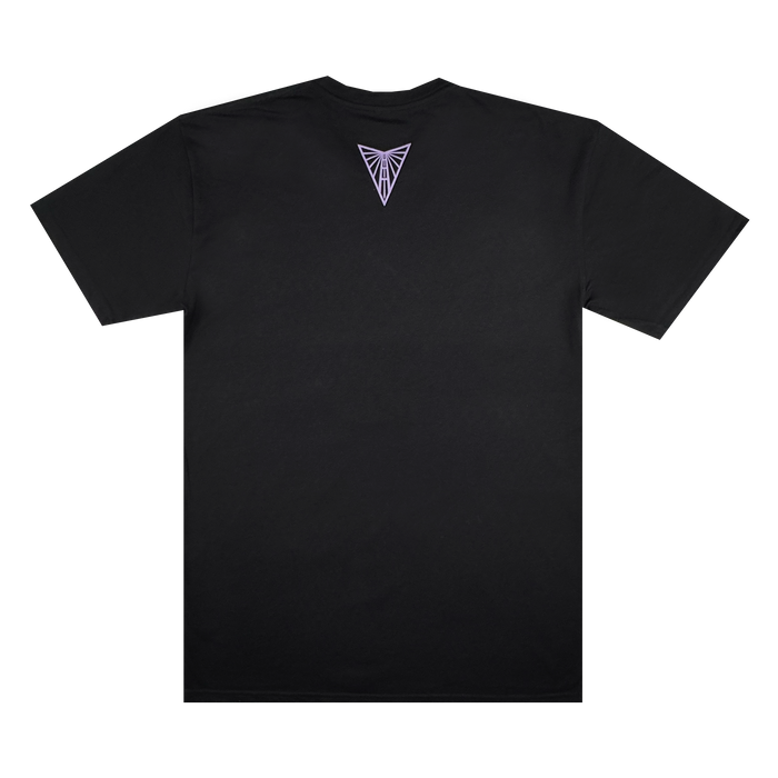 The GSV Golden State Valkyries Balloons Tee is a plain black cotton t-shirt shown from the back, featuring a small white angular triangular logo below the neckline. The rest of the tee is solid black with no extra Golden State Valkyries branding.