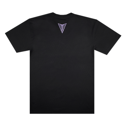 The GSV Golden State Valkyries Balloons Tee is a plain black cotton t-shirt shown from the back, featuring a small white angular triangular logo below the neckline. The rest of the tee is solid black with no extra Golden State Valkyries branding.