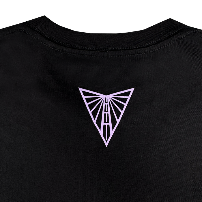 The GSV Golden State Valkyries Balloons Tee is a black cotton t-shirt with a light purple geometric triangle design on the back, featuring symmetrical lines radiating from a central vertical line near the neckline.