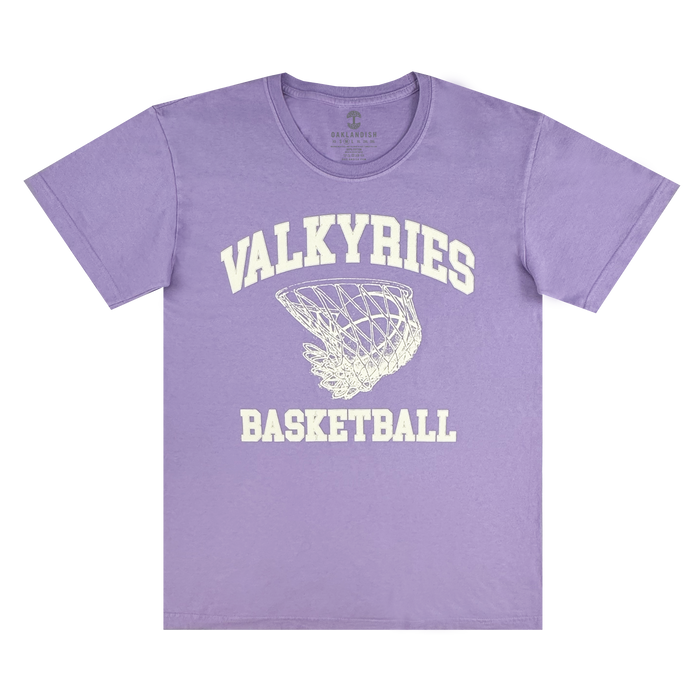 The GSV Golden State Valkyries Rec League Premium Tee features bold "VALKYRIES" and "BASKETBALL" text with a basketball graphic, crafted from organic cotton in lavender—celebrating Valkyries spirit.