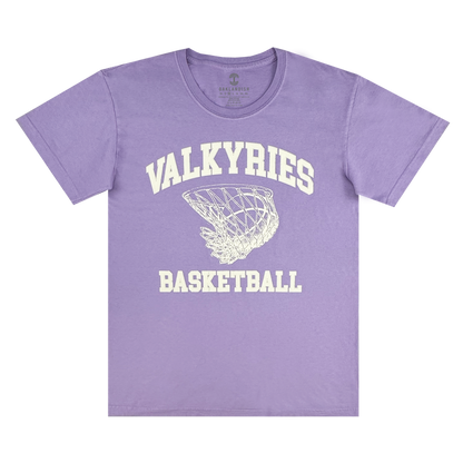 The GSV Golden State Valkyries Rec League Premium Tee features bold "VALKYRIES" and "BASKETBALL" text with a basketball graphic, crafted from organic cotton in lavender—celebrating Valkyries spirit.
