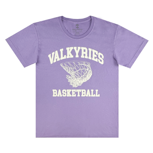 The GSV Golden State Valkyries Rec League Premium Tee features bold "VALKYRIES" and "BASKETBALL" text with a basketball graphic, crafted from organic cotton in lavender—celebrating Valkyries spirit.
