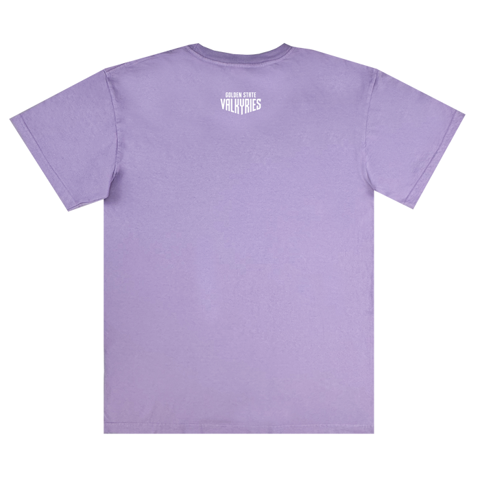 A plain lavender GSV Golden State Valkyries Rec League Premium Tee made from organic cotton, shown from the back. "ODEON STATE VALKYRIES" is printed in small bold white text near the neckline; the rest is unadorned.