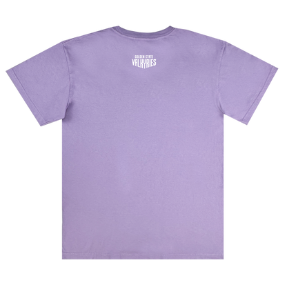 A plain lavender GSV Golden State Valkyries Rec League Premium Tee made from organic cotton, shown from the back. "ODEON STATE VALKYRIES" is printed in small bold white text near the neckline; the rest is unadorned.