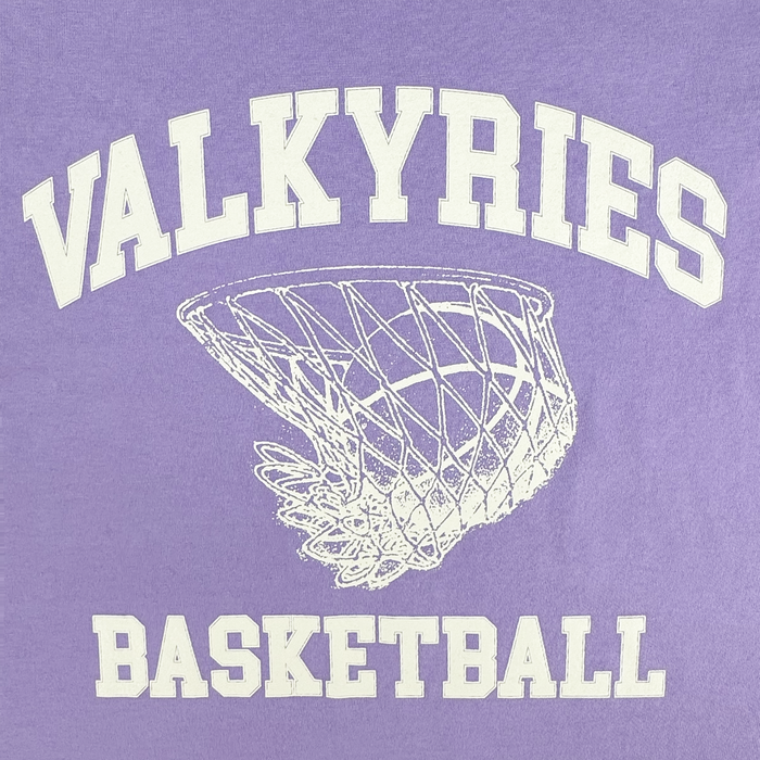 White text on purple says "VALKYRIES" above and "BASKETBALL" below a white basketball net graphic—an ideal GSV Golden State Valkyries Rec League Premium Tee for fans seeking team spirit and premium style.