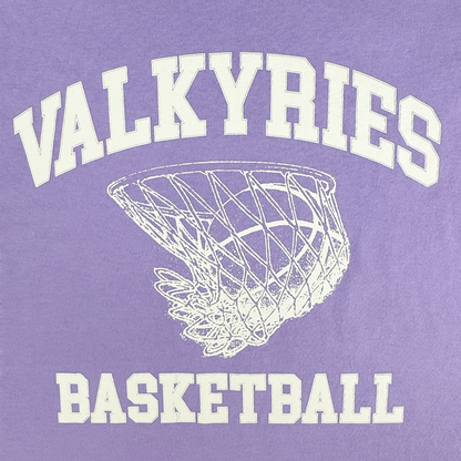 White text on purple says "VALKYRIES" above and "BASKETBALL" below a white basketball net graphic—an ideal GSV Golden State Valkyries Rec League Premium Tee for fans seeking team spirit and premium style.