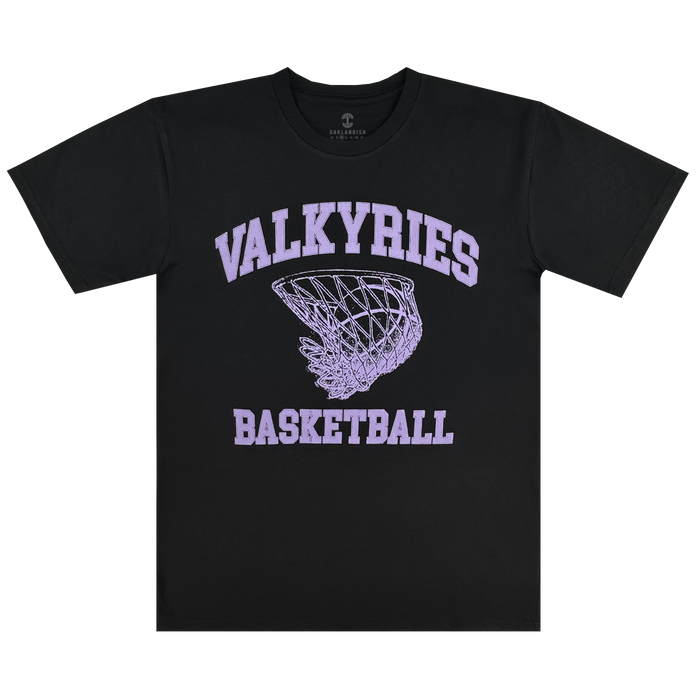 The GSV Golden State Valkyries Rec League Tee is a black heavy tee with “VALKYRIES” in bold lavender letters above a lavender basketball hoop graphic and “BASKETBALL” below—honoring the team in stylish comfort.