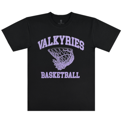 The GSV Golden State Valkyries Rec League Tee is a black heavy tee with “VALKYRIES” in bold lavender letters above a lavender basketball hoop graphic and “BASKETBALL” below—honoring the team in stylish comfort.