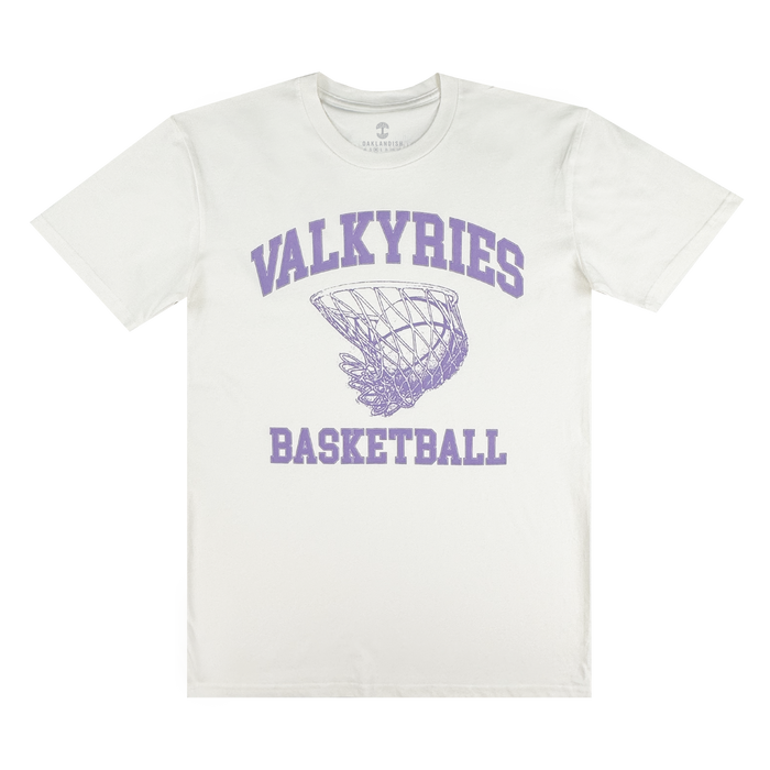 The GSV Golden State Valkyries Rec League Tee is a white organic cotton shirt featuring “VALKYRIES” in bold purple above a basketball net, with “BASKETBALL” below—delivering sporty style and all-day comfort.