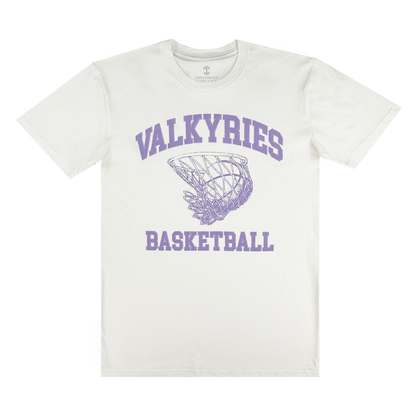 The GSV Golden State Valkyries Rec League Tee is a white organic cotton shirt featuring “VALKYRIES” in bold purple above a basketball net, with “BASKETBALL” below—delivering sporty style and all-day comfort.