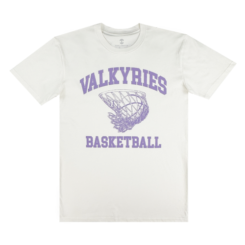 The GSV Golden State Valkyries Rec League Tee is a white organic cotton shirt featuring “VALKYRIES” in bold purple above a basketball net, with “BASKETBALL” below—delivering sporty style and all-day comfort.
