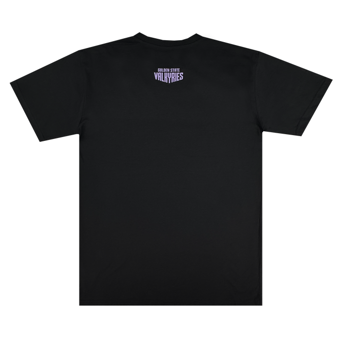 A black GSV Golden State Valkyries Rec League Tee, shown from the back, features small bold purple "Golden State Valkyries" text at the upper center. Made from organic cotton with no other visible designs or graphics.