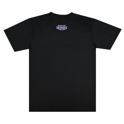 A black GSV Golden State Valkyries Rec League Tee, shown from the back, features small bold purple "Golden State Valkyries" text at the upper center. Made from organic cotton with no other visible designs or graphics.