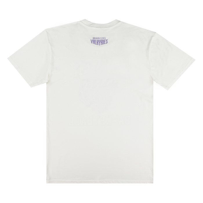 The back of the GSV Golden State Valkyries Rec League Tee features “Golden State Valkyries” in small purple uppercase letters and a simple shield near the neck on an otherwise plain, heavy white organic cotton shirt.