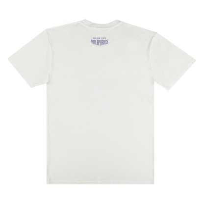 The back of the GSV Golden State Valkyries Rec League Tee features “Golden State Valkyries” in small purple uppercase letters and a simple shield near the neck on an otherwise plain, heavy white organic cotton shirt.