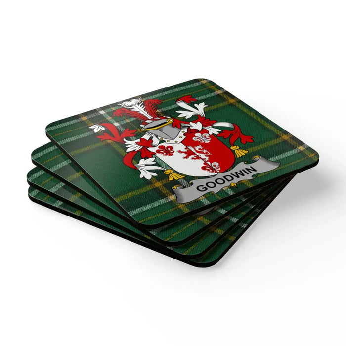 Personalized Green Tartan Coat of Arms Set of 4 Coasters