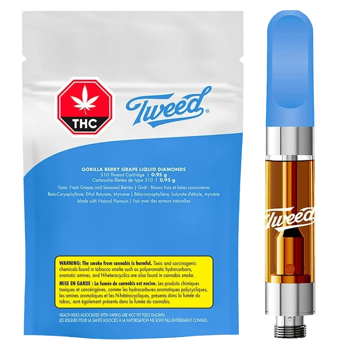 White-and-blue front view of a Tweed Gorilla Berry Grape Liquid Diamonds vape cartridge and its matching pouch, the cartridge shown upright with a blue mouthpiece and amber oil visible.