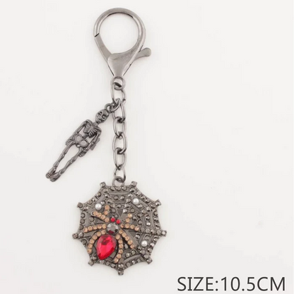 Gothic Spider Web & Skeleton Keychain Charm – Halloween Rhinestone Bag Accessory (10.5cm) (QE3057)