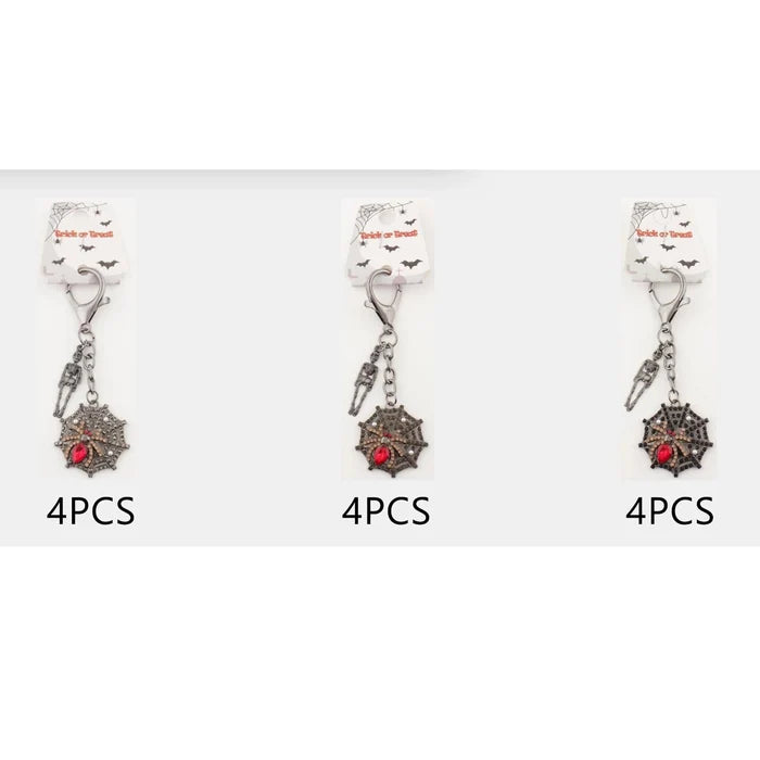 Gothic Spider Web & Skeleton Keychain Charm – Halloween Rhinestone Bag Accessory (10.5cm) (QE3057)