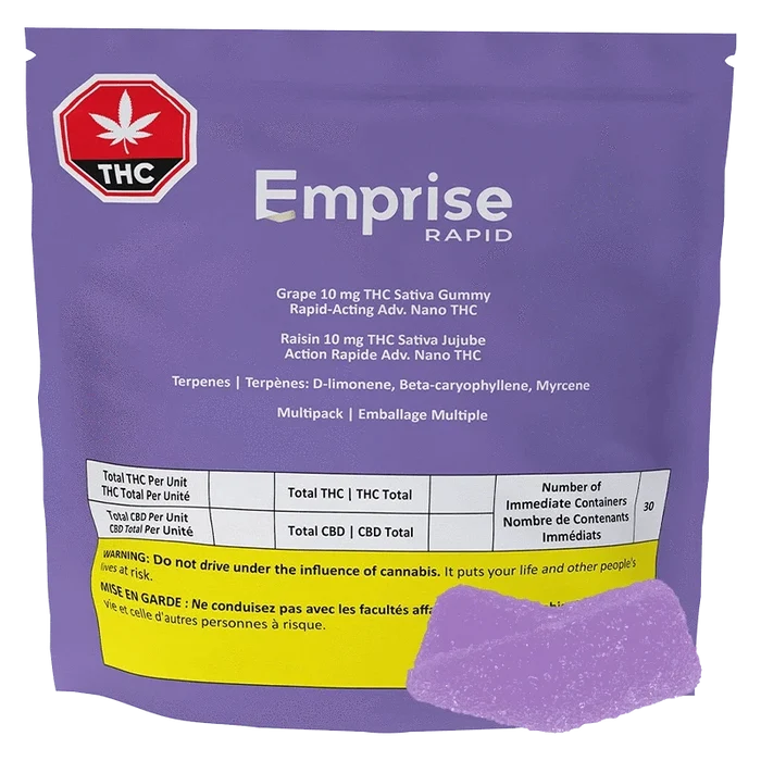 Front-facing shot of a purple pouch labeled Emprise Rapid Grape THC Gummies with a red THC octagon and a yellow warning panel.