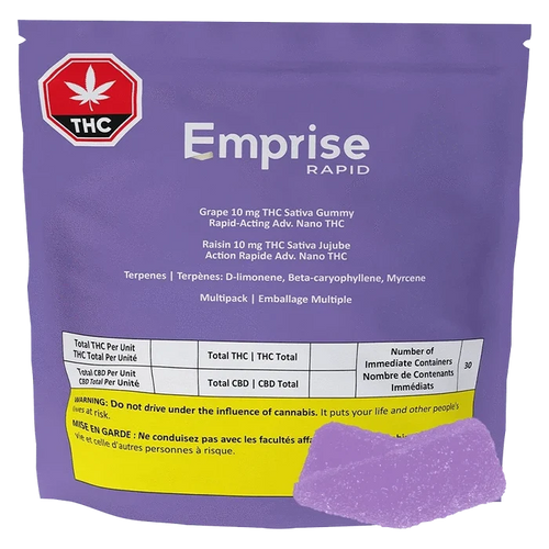 Front-facing shot of a purple pouch labeled Emprise Rapid Grape THC Gummies with a red THC octagon and a yellow warning panel.
