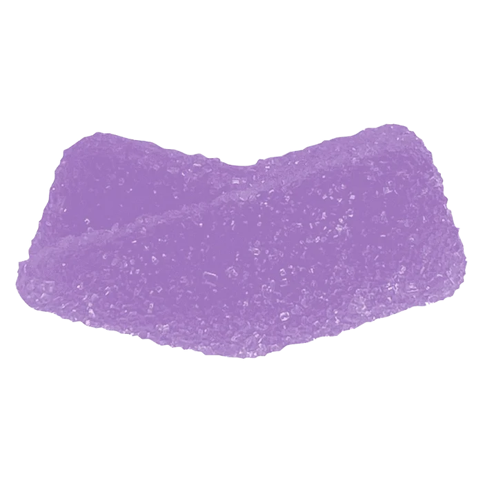 Close-up of a single purple, sugar-coated Grape THC Gummies showing its crescent shape and crystalline texture.
