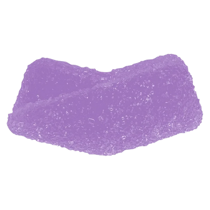 Close-up of a single purple, sugar-coated Grape THC Gummies showing its crescent shape and crystalline texture.