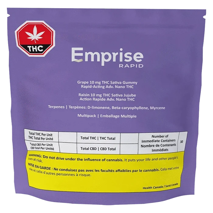 Front-facing shot of a purple pouch labeled Emprise Rapid Grape THC Gummies with a red THC warning symbol and a yellow caution panel near the bottom.