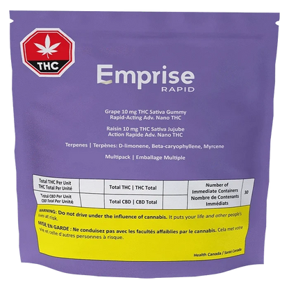 Front-facing shot of a purple pouch labeled Emprise Rapid Grape THC Gummies with a red THC warning symbol and a yellow caution panel near the bottom.