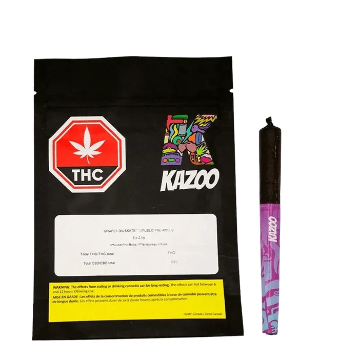 Front view of the “Grapes on Skates Infused Pre Rolled 5 x 0.5 g” packaging with bold colors and branding against a plain white background.