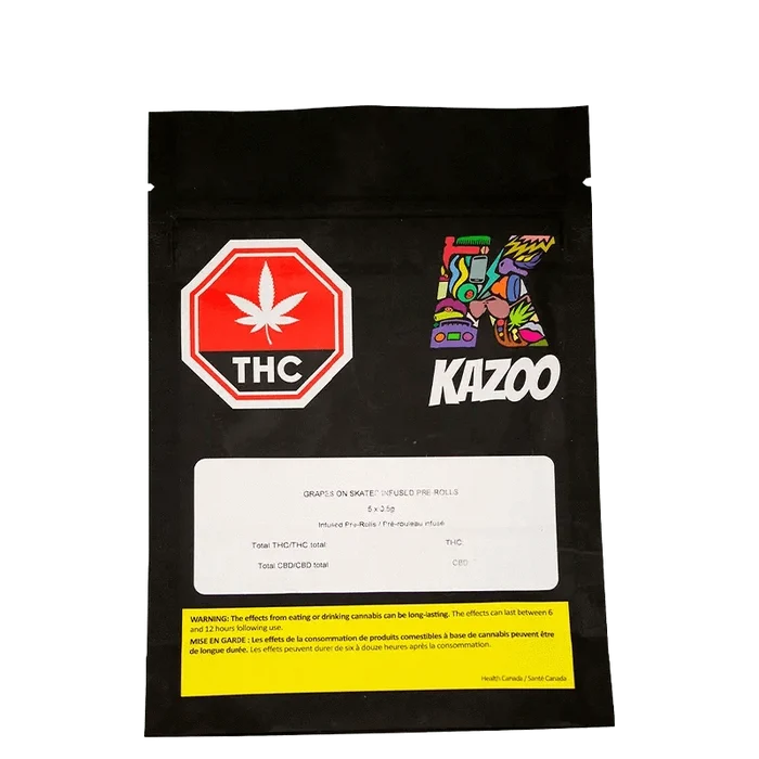Front view of the “Grapes on Skates Infused PR” packaging, with bold text and a cannabis leaf design against a black background.