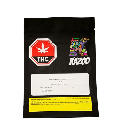 Front view of the “Grapes on Skates Infused PR” packaging, with bold text and a cannabis leaf design against a black background.