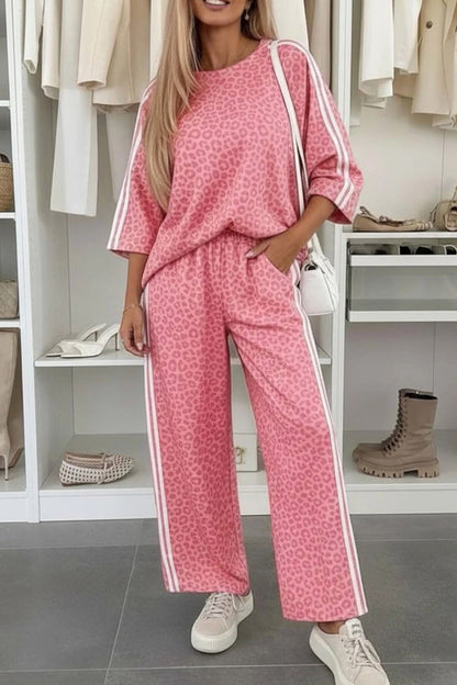 Gray Leopard Print Varsity Striped Detail 3/4 Sleeve Top Shift Pant Set 🇺🇸